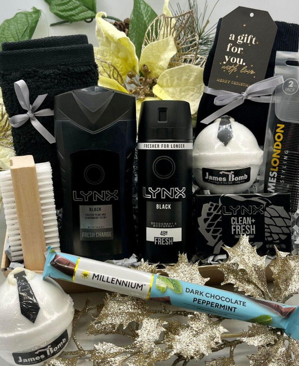 Mens CHRISTMAS LYNX BLACK "JAMES BOMB" Bath Body Pamper Hamper  Gift Set for Him | eBay